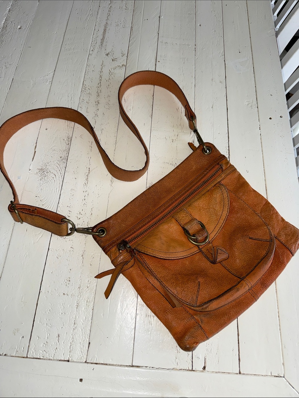 Vintage Fossil Genuine Leather Crossbody Bag Cognac Brown Long Live Vintage Boho